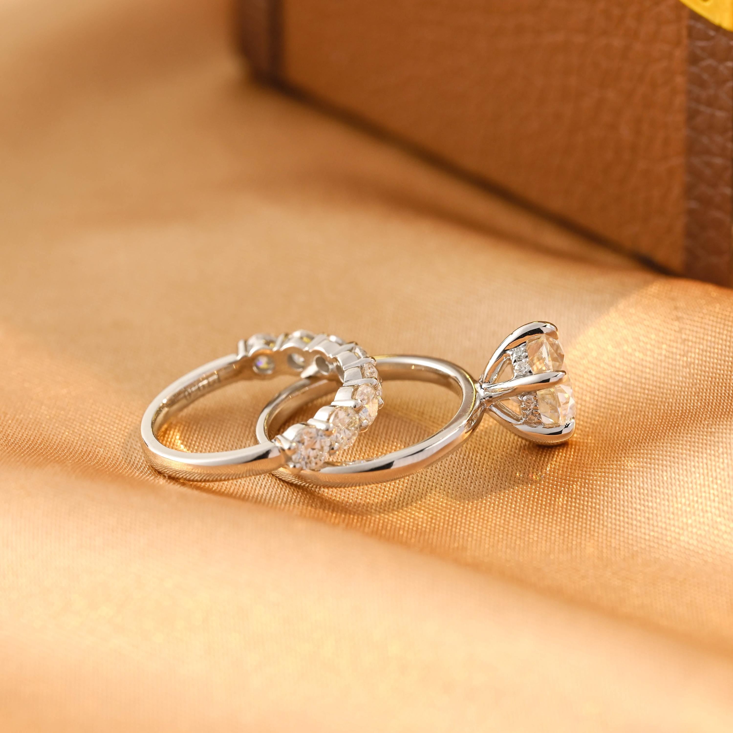 Solid Gold Hidden Halo Round Cut Moissanite Engagement Ring Set, Half Eternity Ring Bridal Set