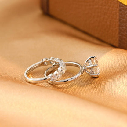 Solid Gold Hidden Halo Round Cut Moissanite Engagement Ring Set, Half Eternity Ring Bridal Set