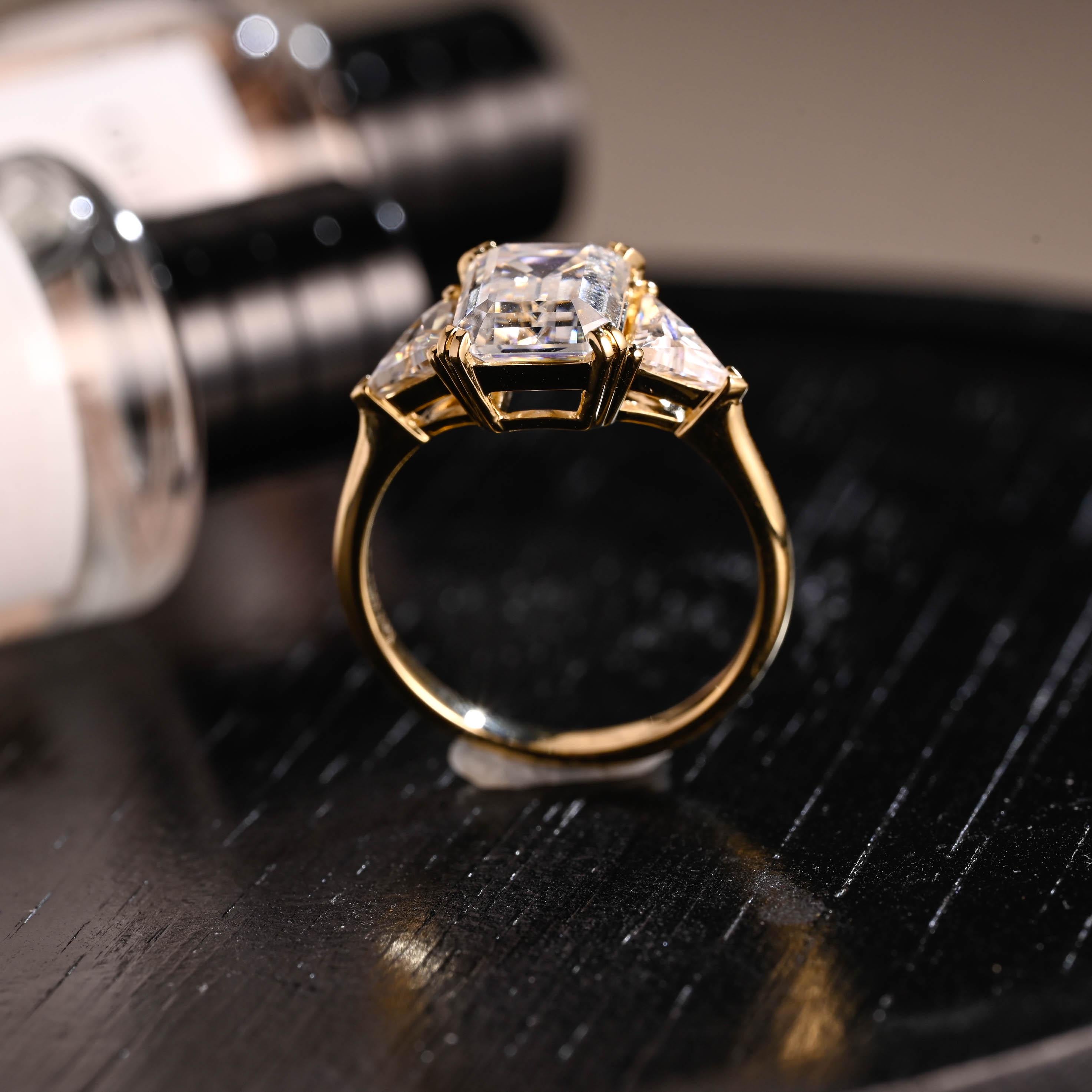 Three Stone Emerald Cut Moissanite Engagement Ring, Solid Gold Emerald Cut Moissanite Wedding Ring, Anniversary Ring, Double Claws Prong