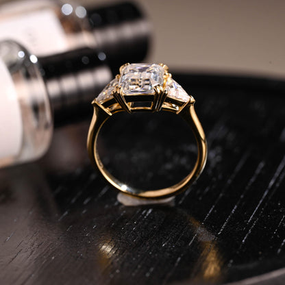 Three Stone Emerald Cut Moissanite Engagement Ring, Solid Gold Emerald Cut Moissanite Wedding Ring, Anniversary Ring, Double Claws Prong