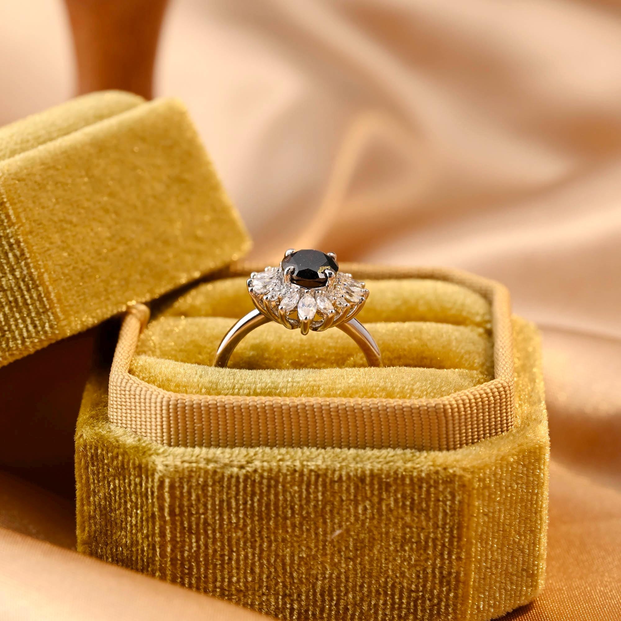 Solid Gold Oval Cut Black Moissanite Engagement Ring, Starburst Halo Ring