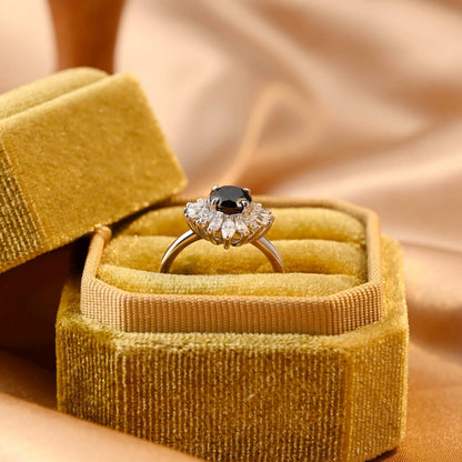 Solid Gold Oval Cut Black Moissanite Engagement Ring, Starburst Halo Ring