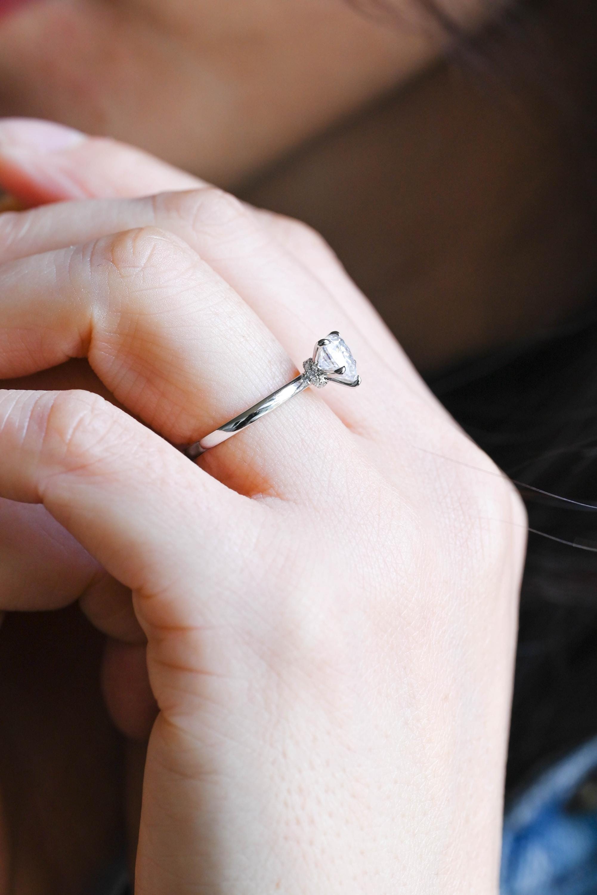 Solid Gold Heart Cut Moissanite Engagement Ring, Hidden Halo Proposal Ring, Promise Ring, Wedding Ring