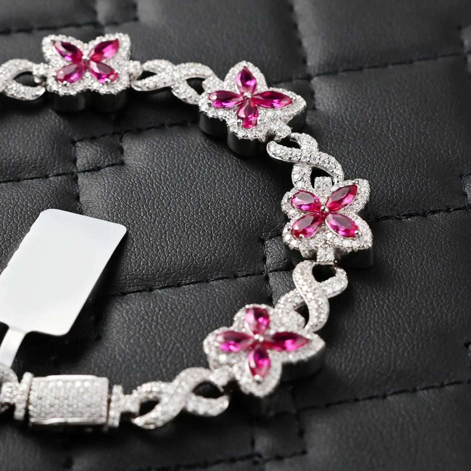 Butterfly Bracelet Infinity Link Pink Sapphire & 4.10CTW Round Moissanites VVS D Color | 12mm Men Women Bracelet | Iced Out Hiphop Bracelet