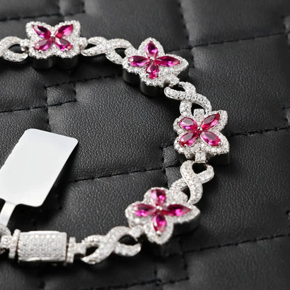 Butterfly Bracelet Infinity Link Pink Sapphire & 4.10CTW Round Moissanites VVS D Color | 12mm Men Women Bracelet | Iced Out Hiphop Bracelet