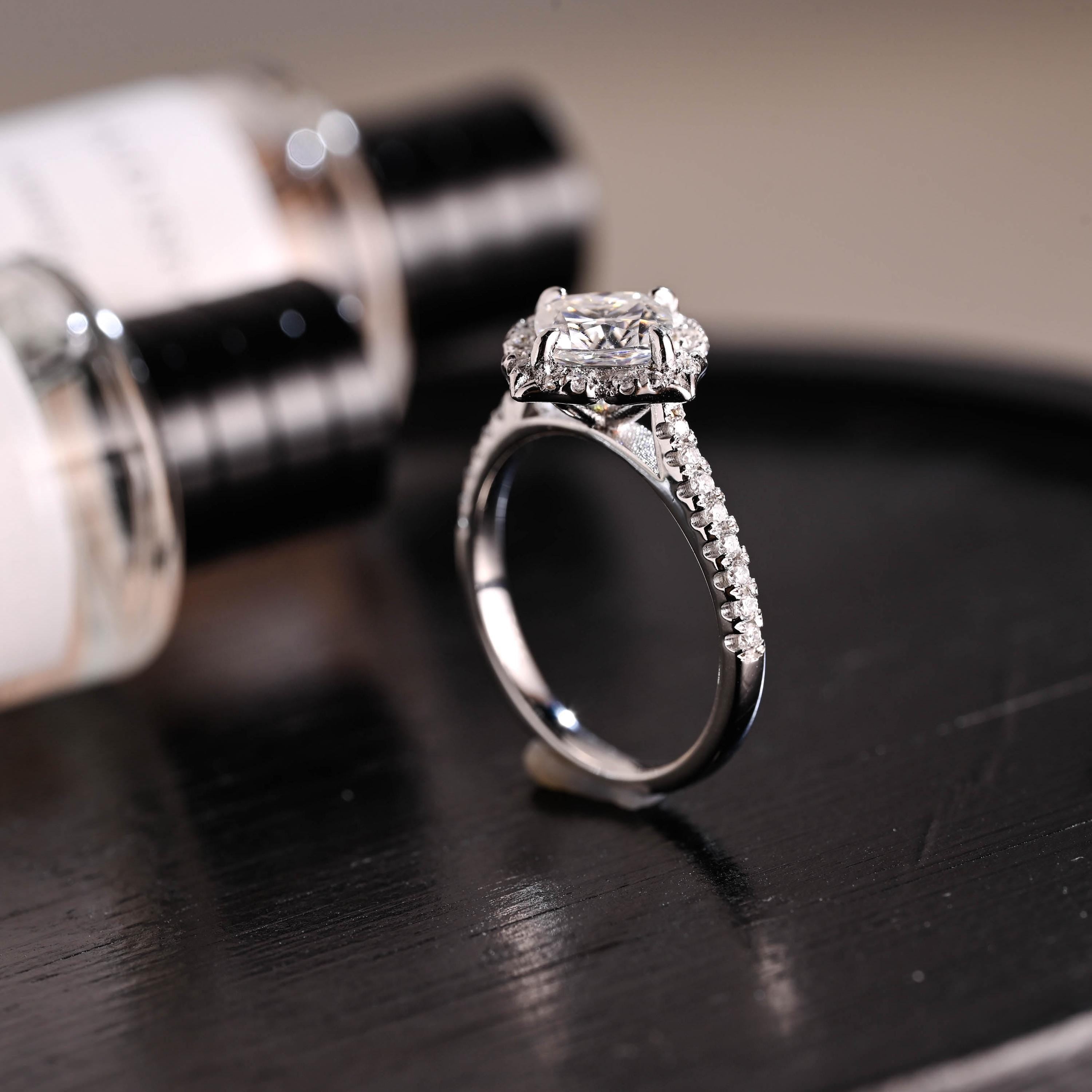 Solid Gold Cushion Cut Moissanite Engagement Ring, Halo Proposal Ring, Half Eternity Promise Ring, Wedding Ring, Anniversary Gift for Women