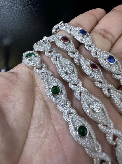 Iced Out Evil Eye Bracelet: VVS1 Moissanite, 925 Sterling Silver, 12mm