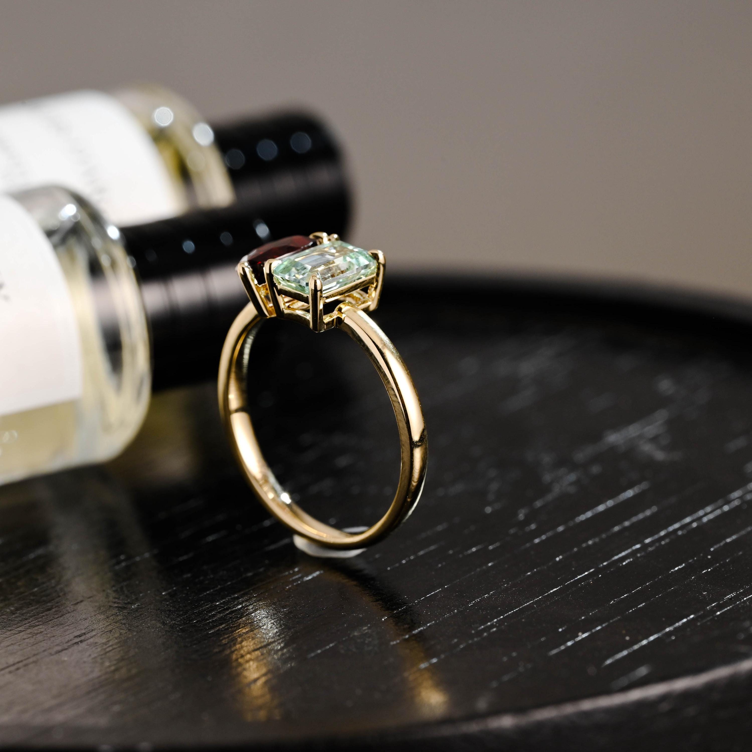 Toi et Moi Solid Gold Pear Garnet & Emerald Cut Aquamarine-Sapphire Engagement Ring
