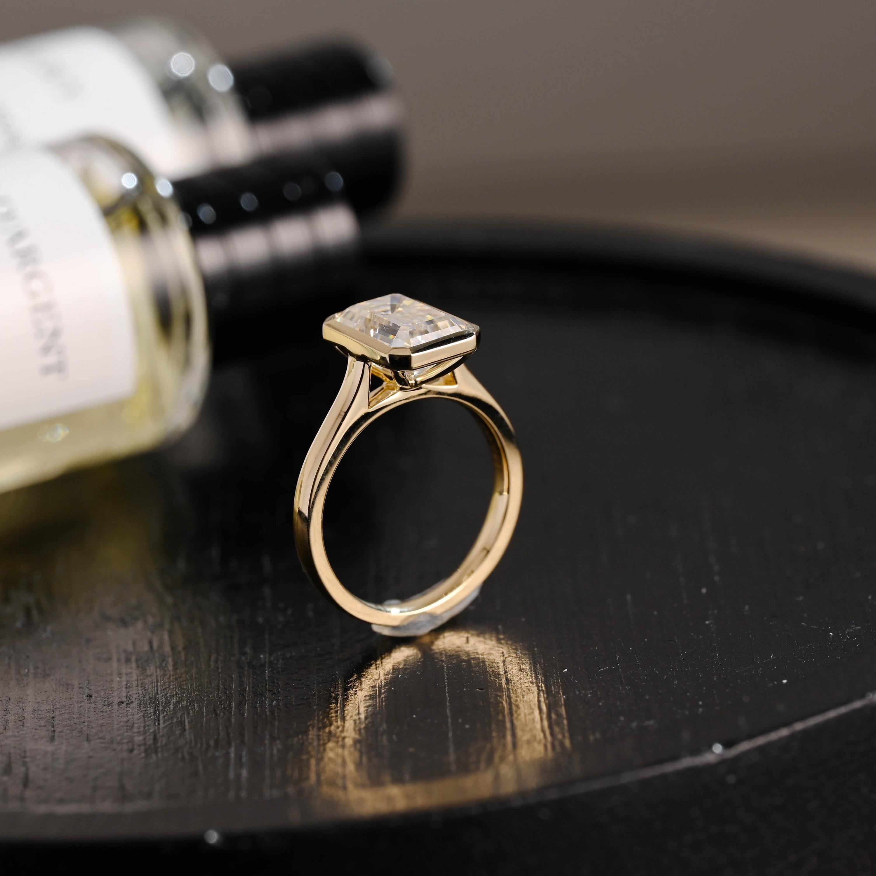 Solid Gold Bezel Emerald Cut Moissanite Engagement Ring, Solitaire Cathedral Setting Emerald Cut Wedding Ring