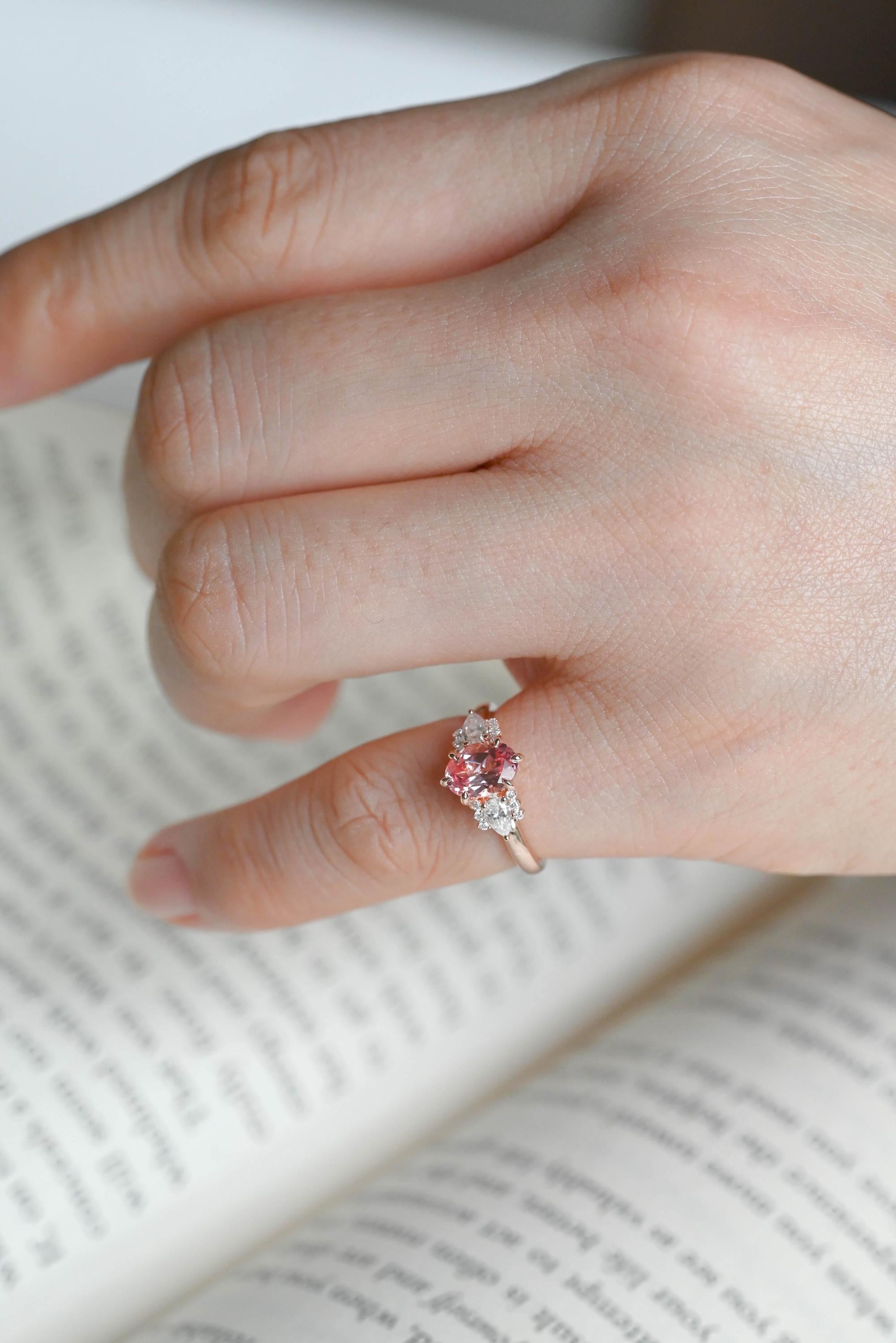 Solid Gold Oval Lab Grown Pink Sapphire Engagement Ring, Three Stone Proposal Ring
