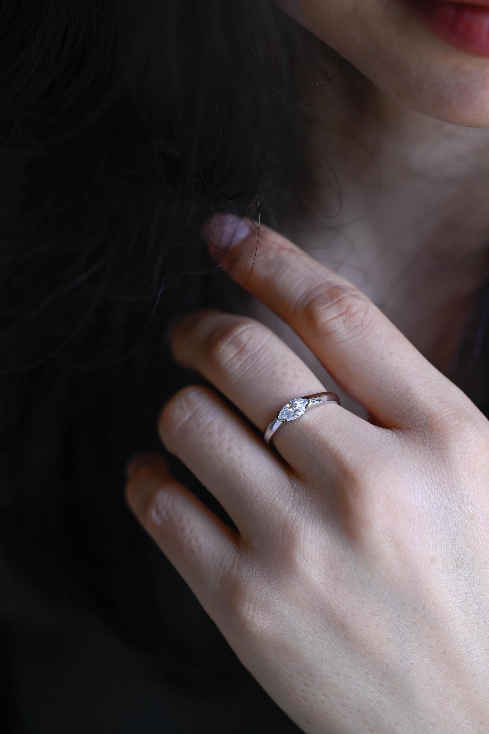 Solid Gold Marquise Moissanite Engagement Ring, 4.5mm Width Anniversary Ring