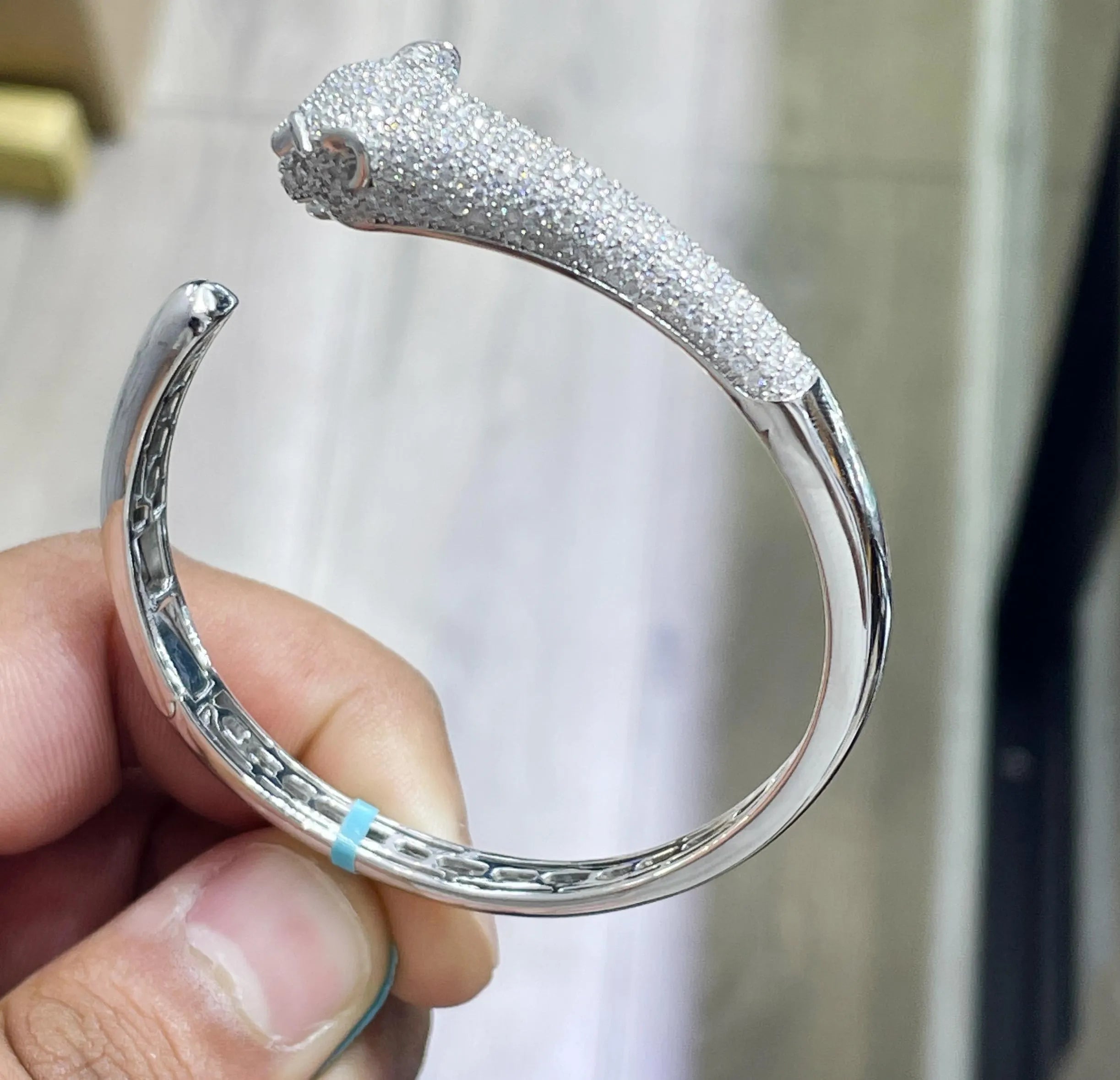 14K Gold Plated Panther Bangle: Sterling Silver Moissanite Bracelet