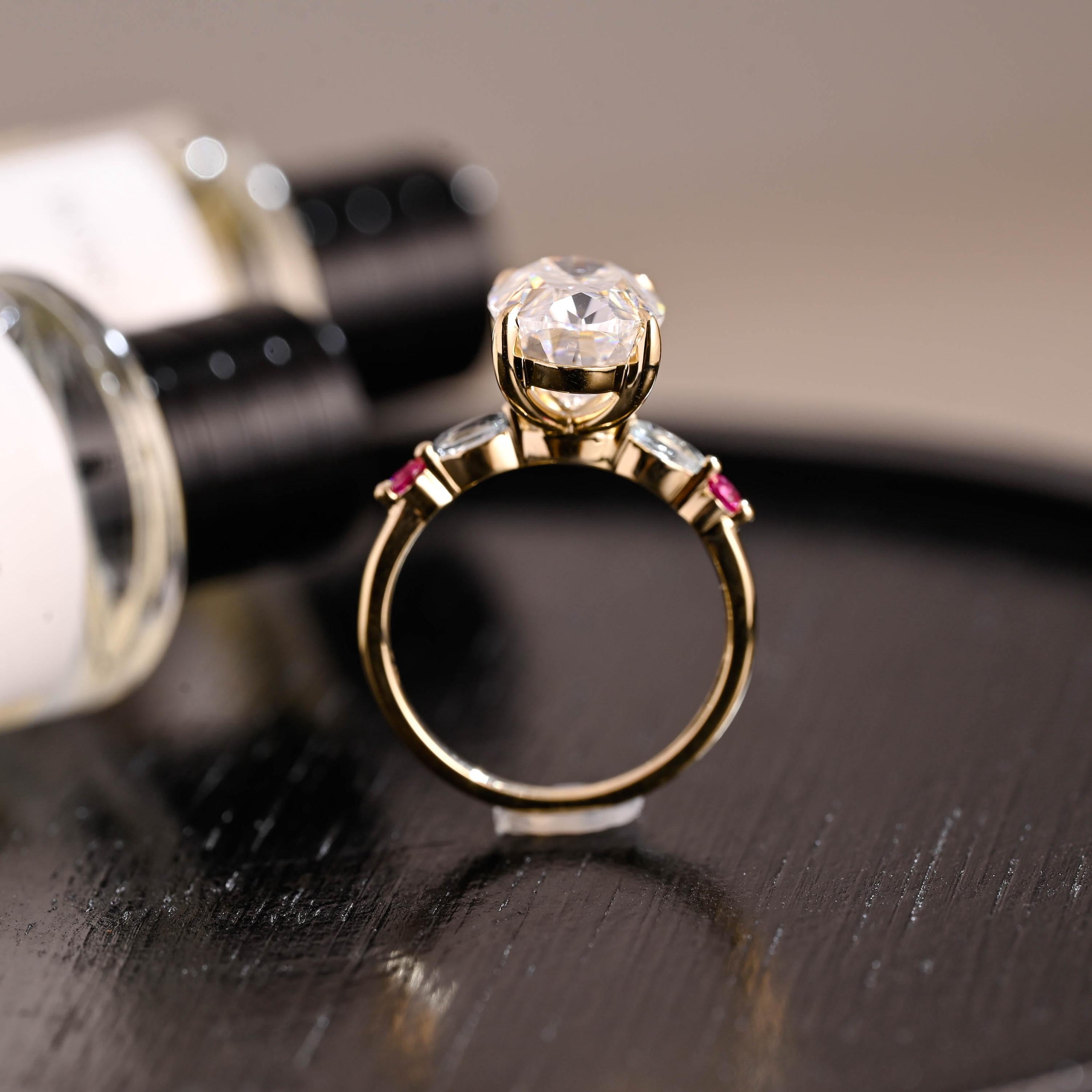 Solid Gold Lab Grown Aquamarine & Ruby Accented Oval Cut Moissanite Engagement Ring
