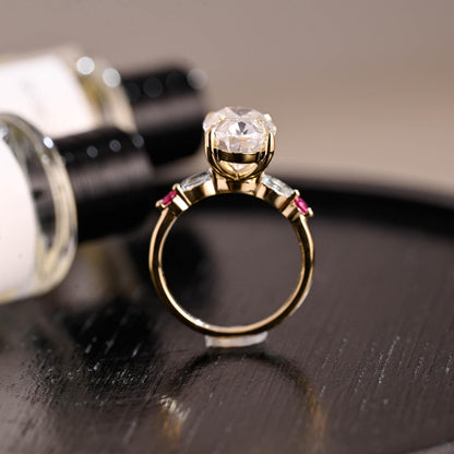 Solid Gold Lab Grown Aquamarine & Ruby Accented Oval Cut Moissanite Engagement Ring