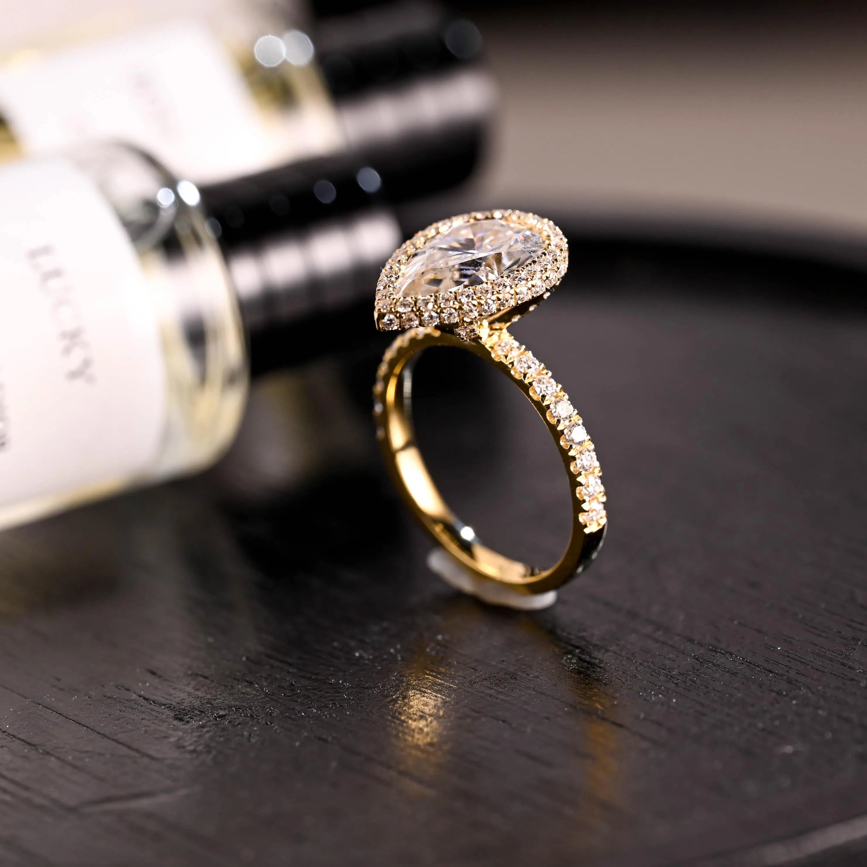 Prong Pave Pear Cut Moissanite Engagement Ring, Solid Gold Halo Pear Moissanite Wedding Ring