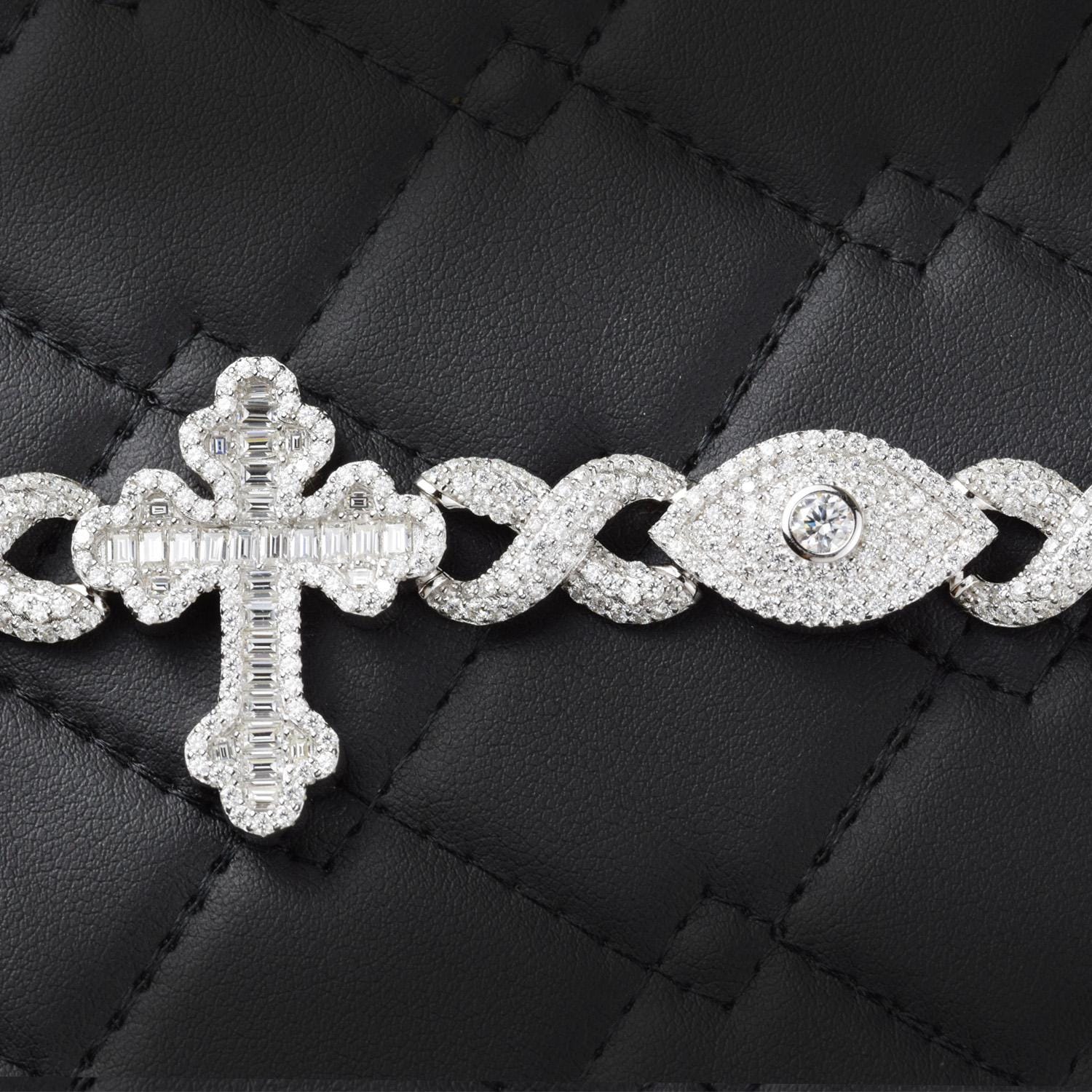 Moissanite Infinity Cross Evil Eye Bracelet: 925 Sterling Silver, 16 Carats