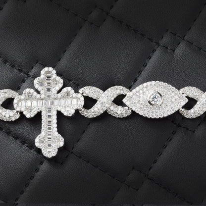 Moissanite Infinity Cross Evil Eye Bracelet: 925 Sterling Silver, 16 Carats