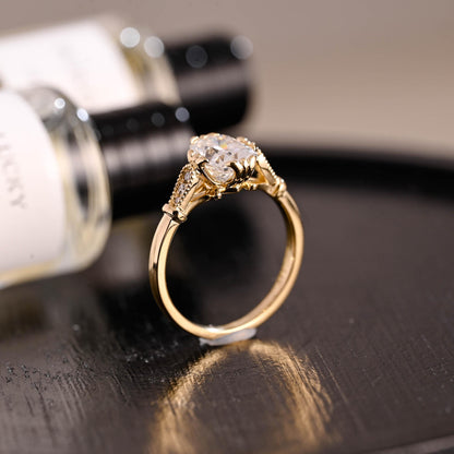 Solid Gold Filigree Elongated Beaded Milgrain Cushion Cut Moissanite Engagement Ring, Anniversary Ring