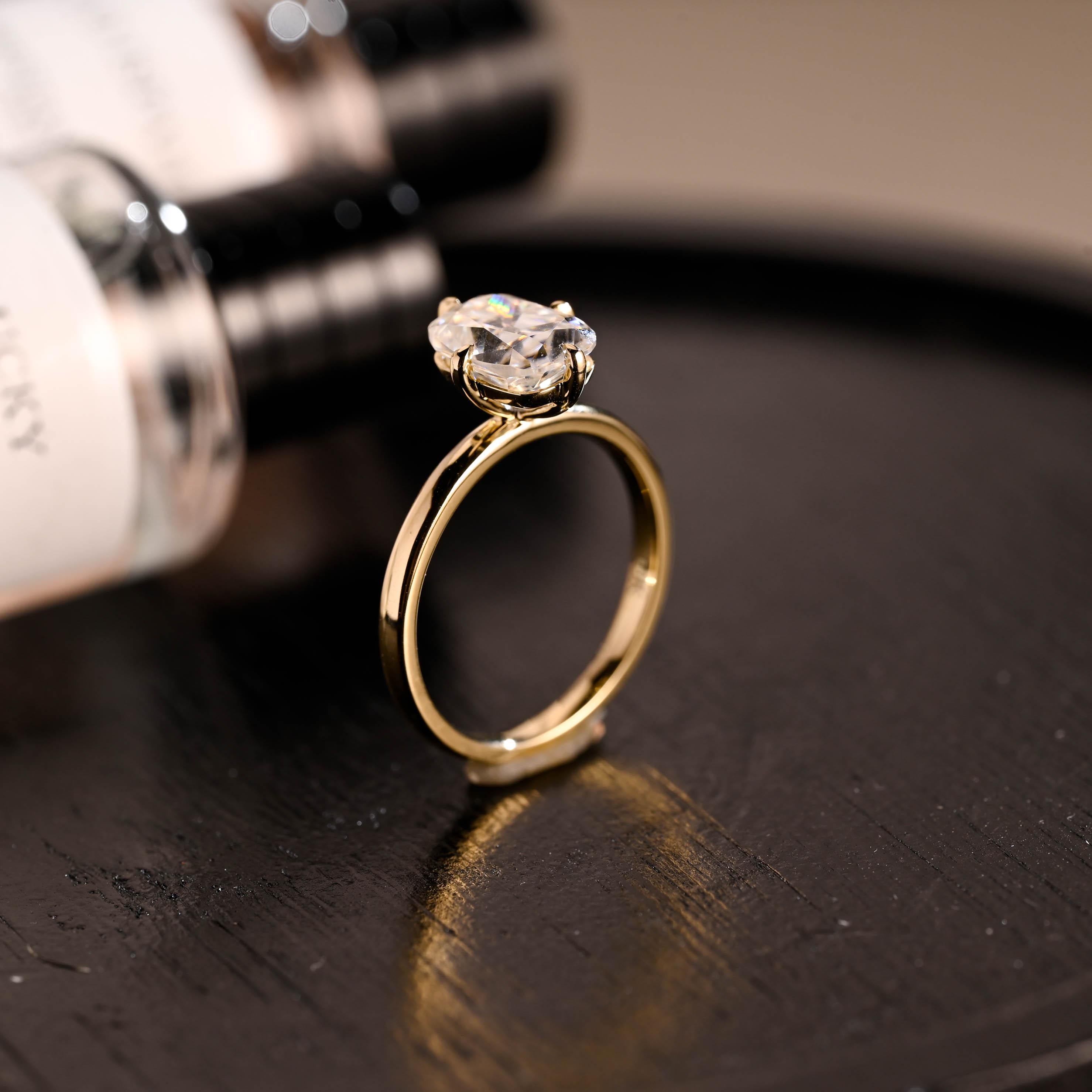 Solid Gold Elongated Cushion Moissanite Engagement Ring, Solitaire Compass Setting Moissanite Wedding Ring