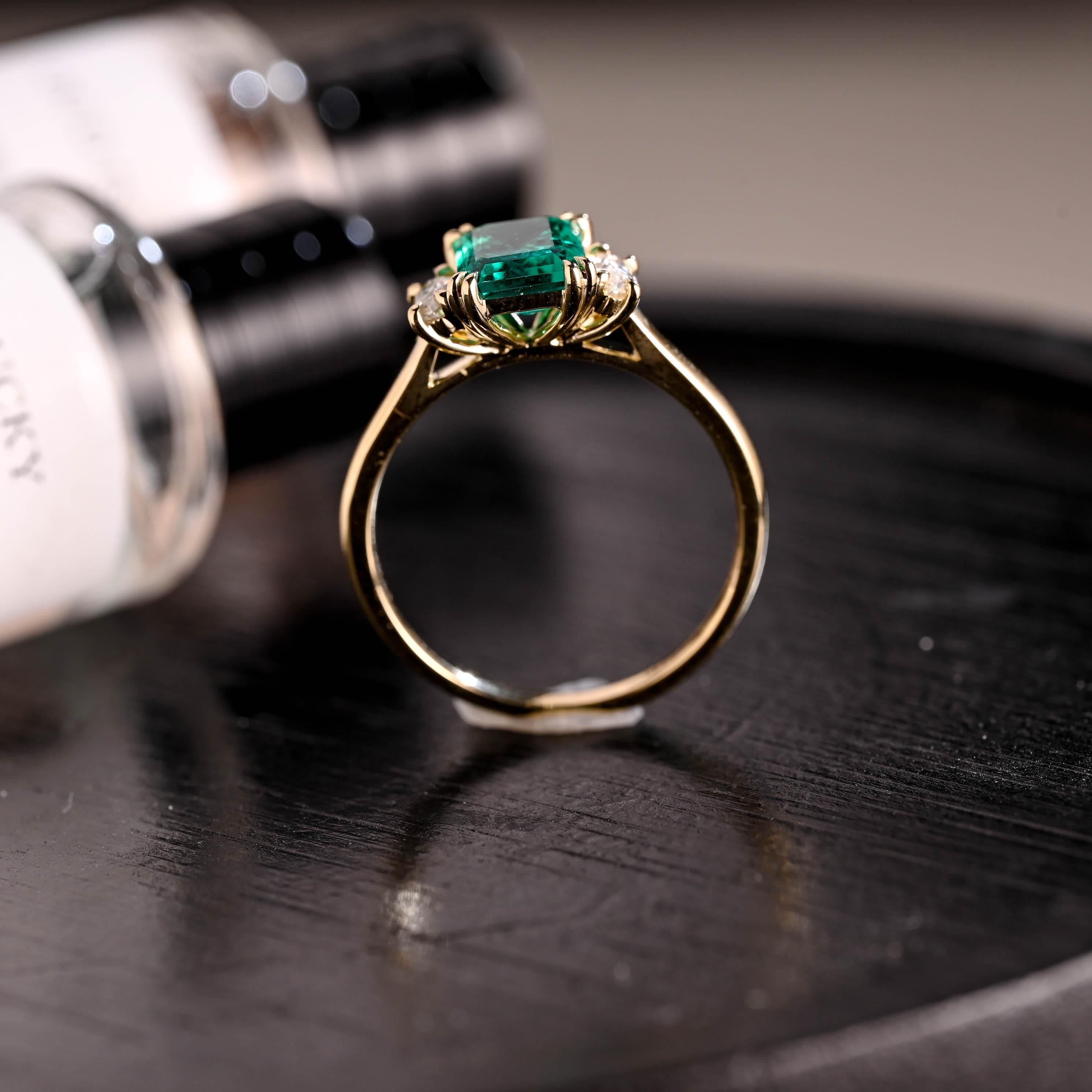Lab Grown Emerald Engagement Ring, Three Stone Moissanite Wedding Ring, Anniversary Emerald Gemstone Ring, Moissanite Ring, Marquise Ring