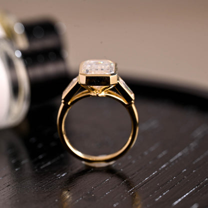 Solid Gold Three Stone Emerald Cut Moissanite Engagement Ring, Trapezoid Accents Emerald Cut Wedding Ring