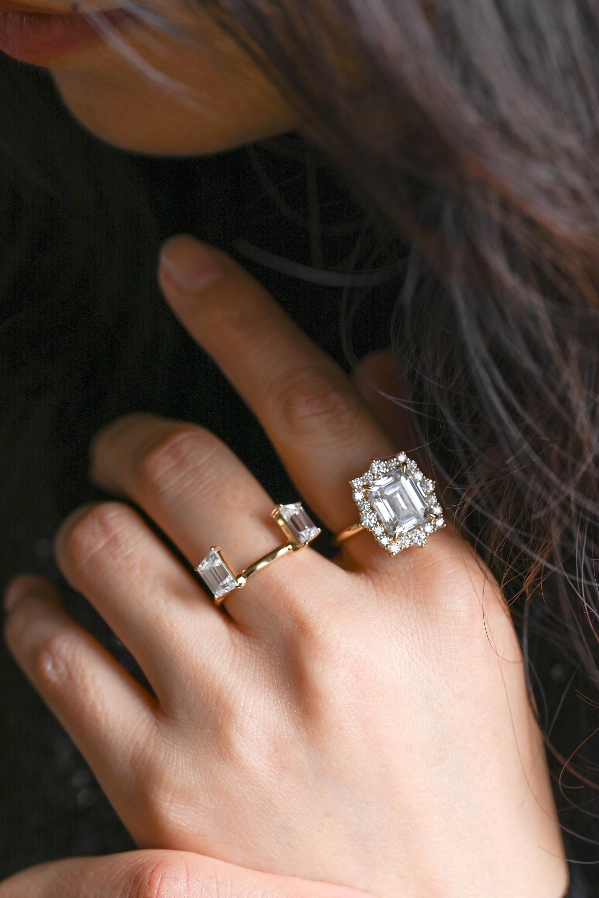 Solid Gold Emerald Cut Moissanite Engagement Ring Set, Bridal Set, Trapezoid Cut Wedding Band