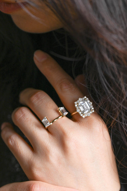 Solid Gold Emerald Cut Moissanite Engagement Ring Set, Bridal Set, Trapezoid Cut Wedding Band