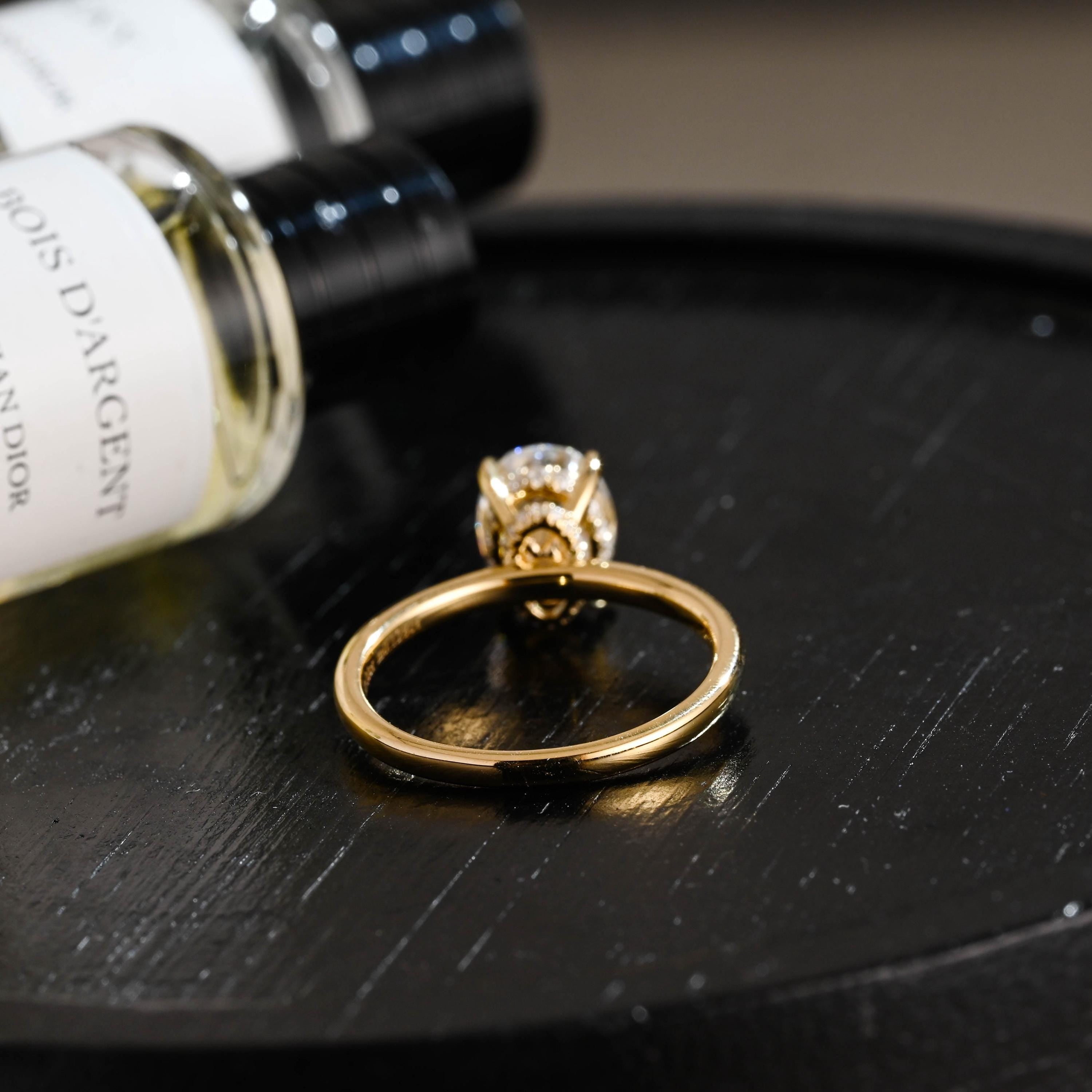 Solid Gold Oval Moissanite Engagement Ring, Hidden Halo Promise Ring