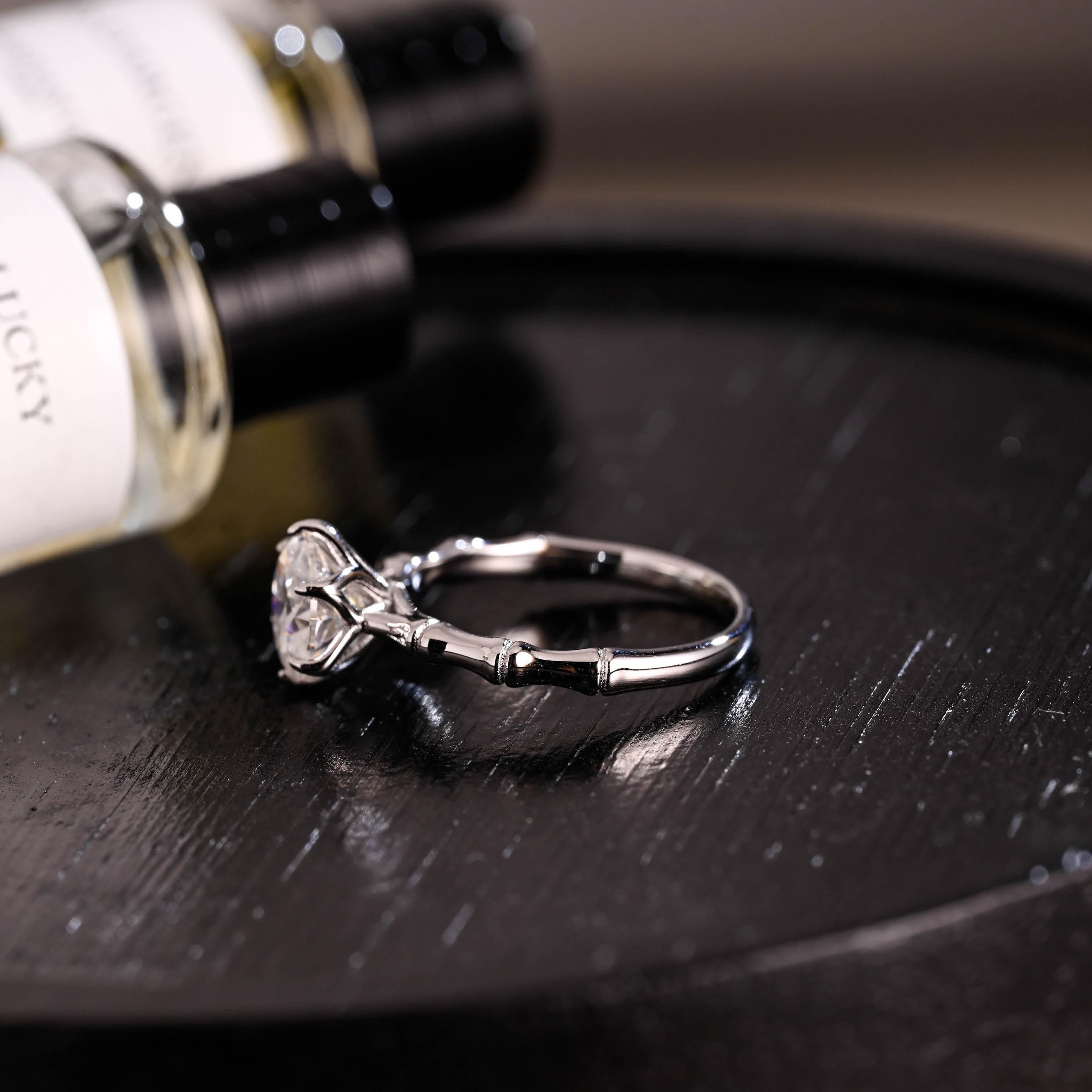 Solid Gold Tulip Prong Setting Round Cut Moissanite Engagement Ring, Bamboo Style Ring Band Wedding Ring
