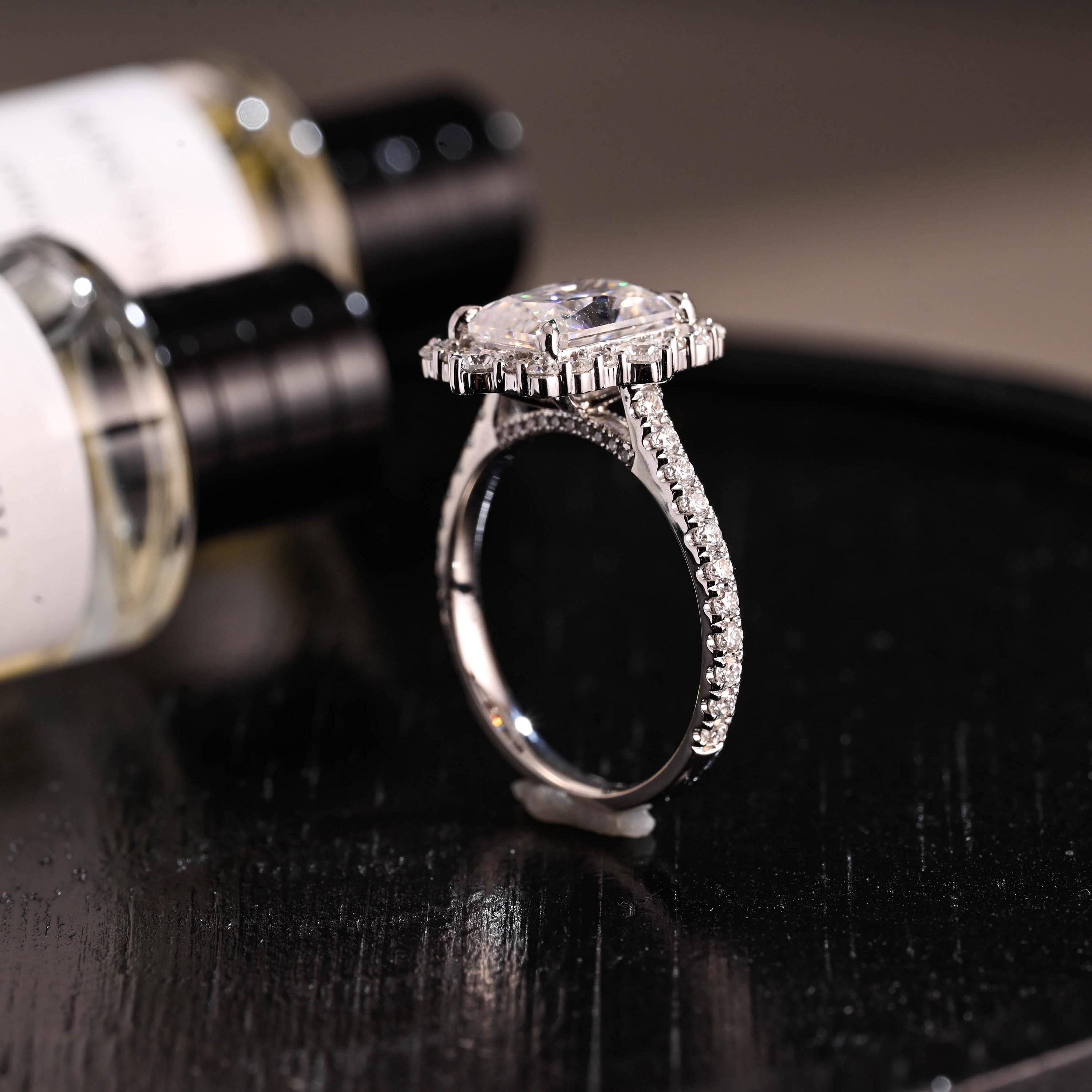 Solid Gold Radiant Cut Moissanite Engagement Ring, Halo Pave Cathedral Setting Vintage Style Ring