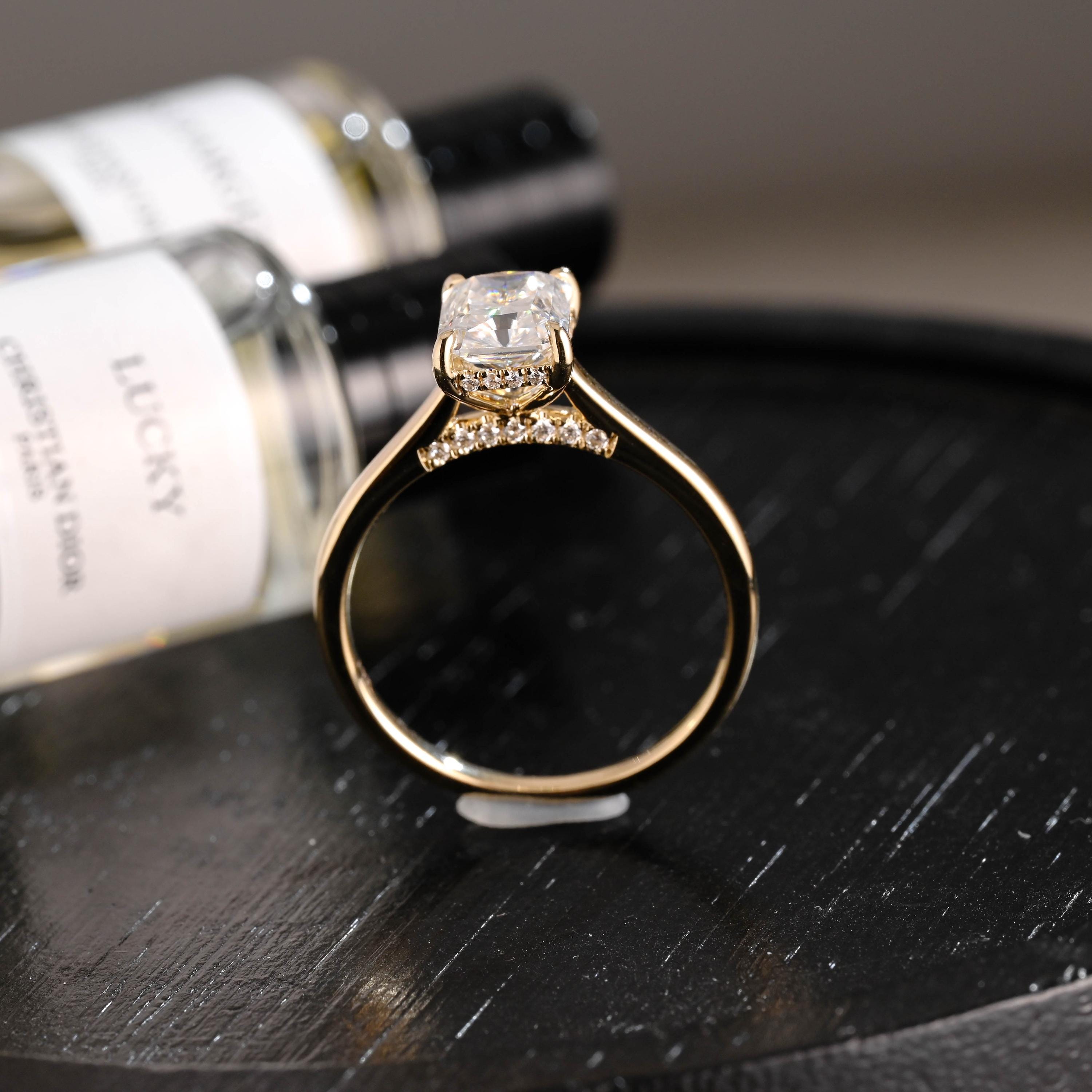 Solid Gold Hidden Halo Radiant Moissanite Engagement Ring, Cathedral Proposal Ring