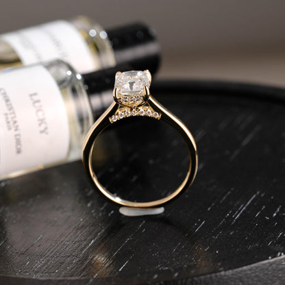 Solid Gold Hidden Halo Radiant Moissanite Engagement Ring, Cathedral Proposal Ring