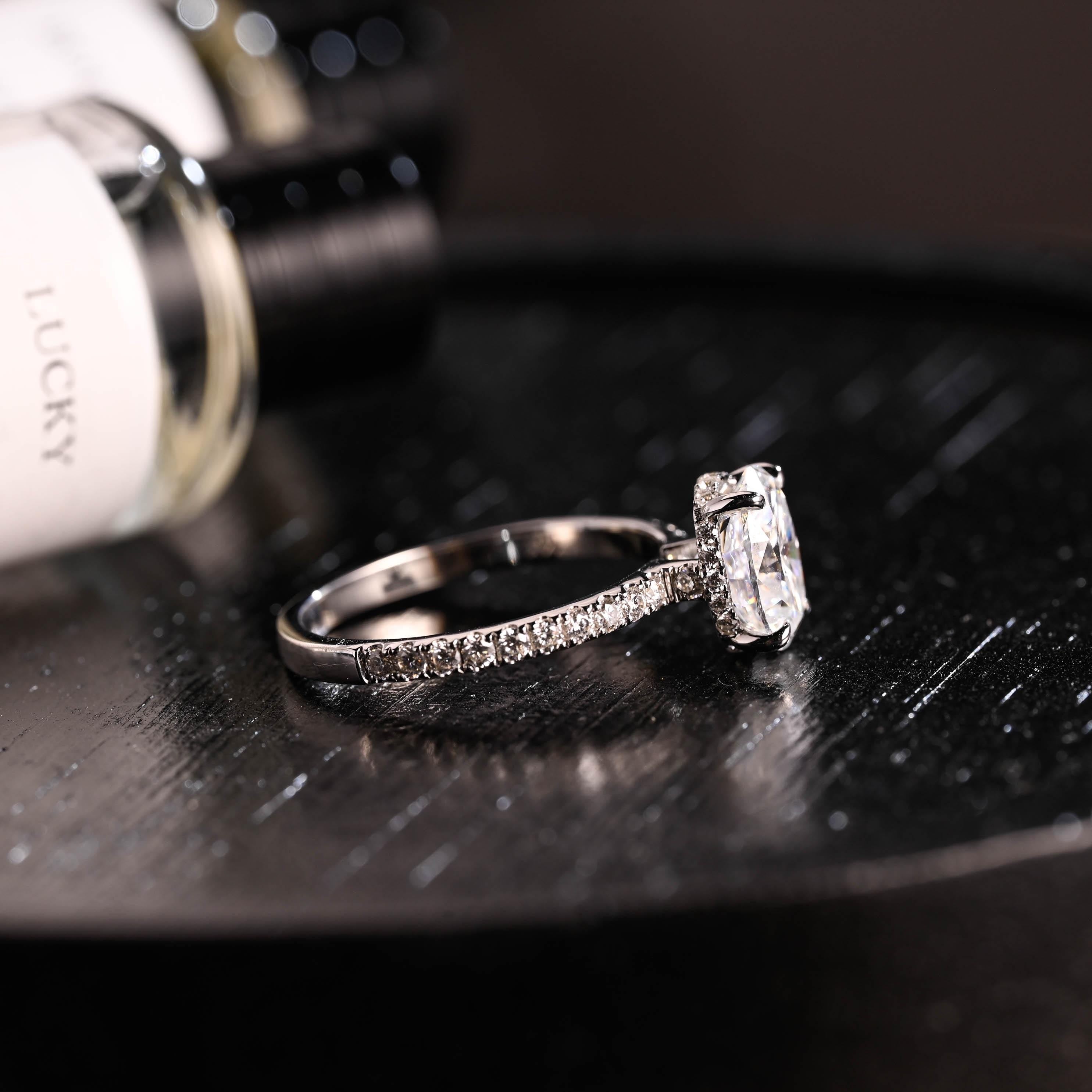 Solid Gold High Profile Oval Cut Moissanite Engagement Ring, Hidden Halo Wedding Ring