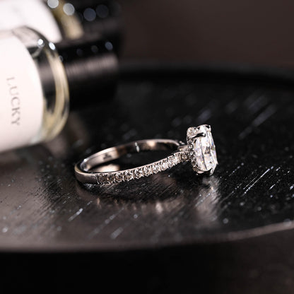 Solid Gold High Profile Oval Cut Moissanite Engagement Ring, Hidden Halo Wedding Ring