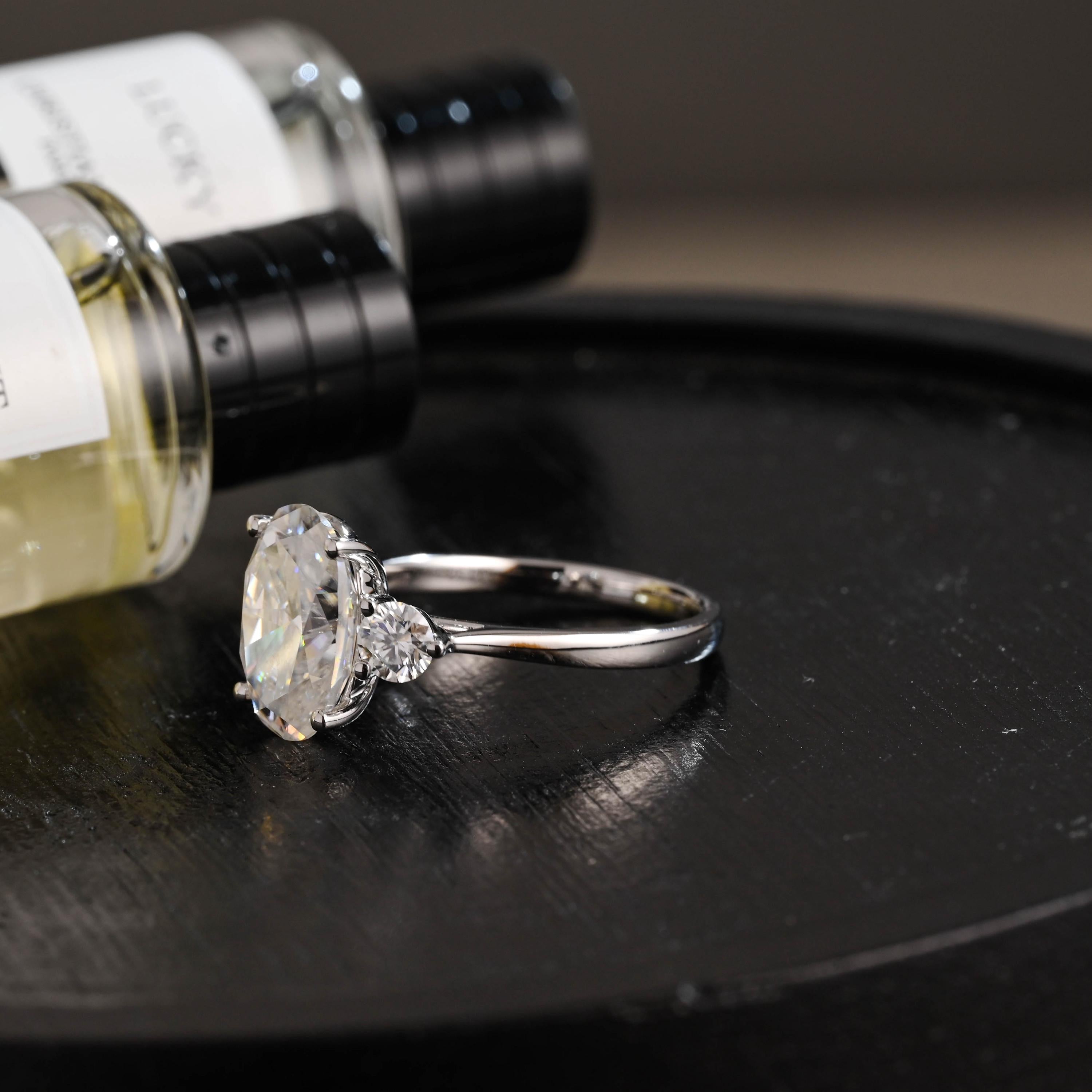 Solid Gold Three Stone Oval Moissanite Engagement Ring, Anniversary Gift Birthday Gift for Women