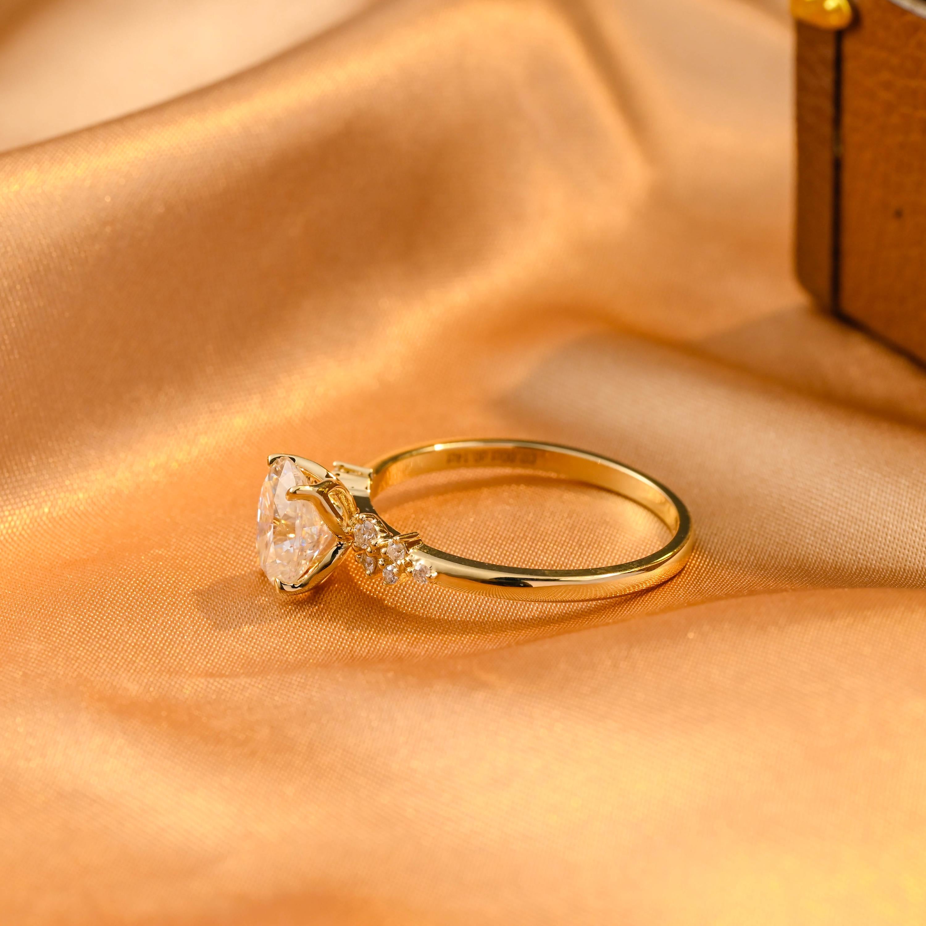 Solid Gold Tulip Setting Oval Cut Moissanite Engagement Ring, Side Cluster Wedding Ring