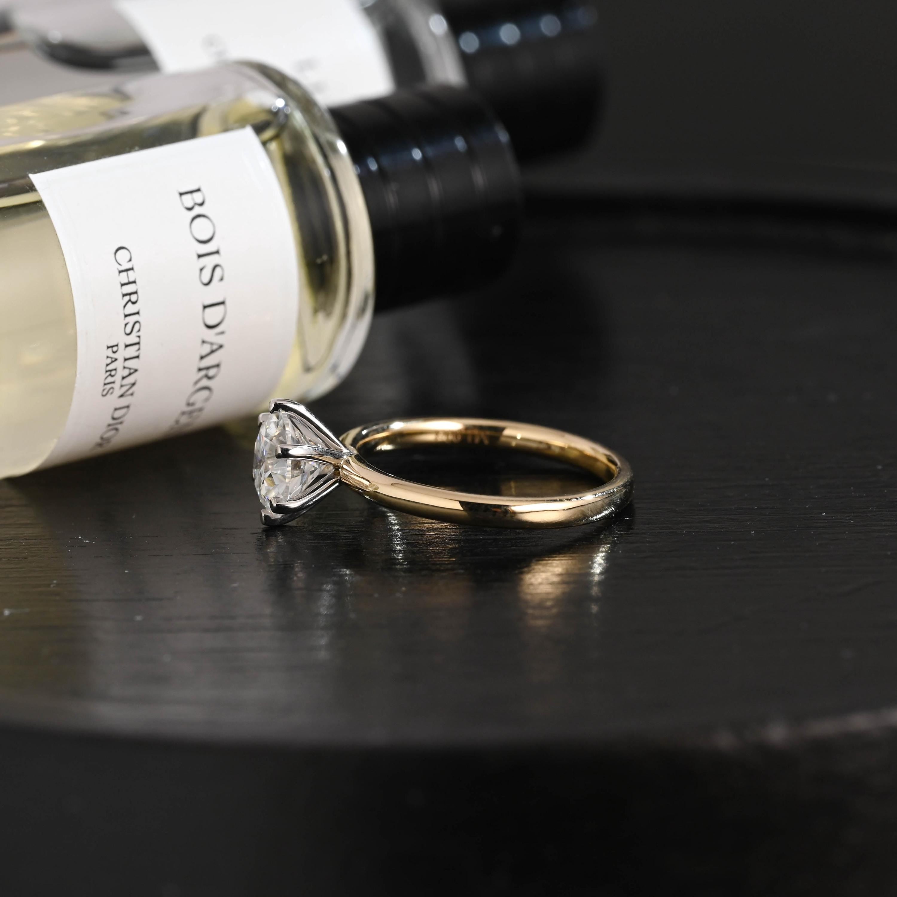 Solid Gold Two Tone Round Moissanite Engagement Ring, Solitaire Ring