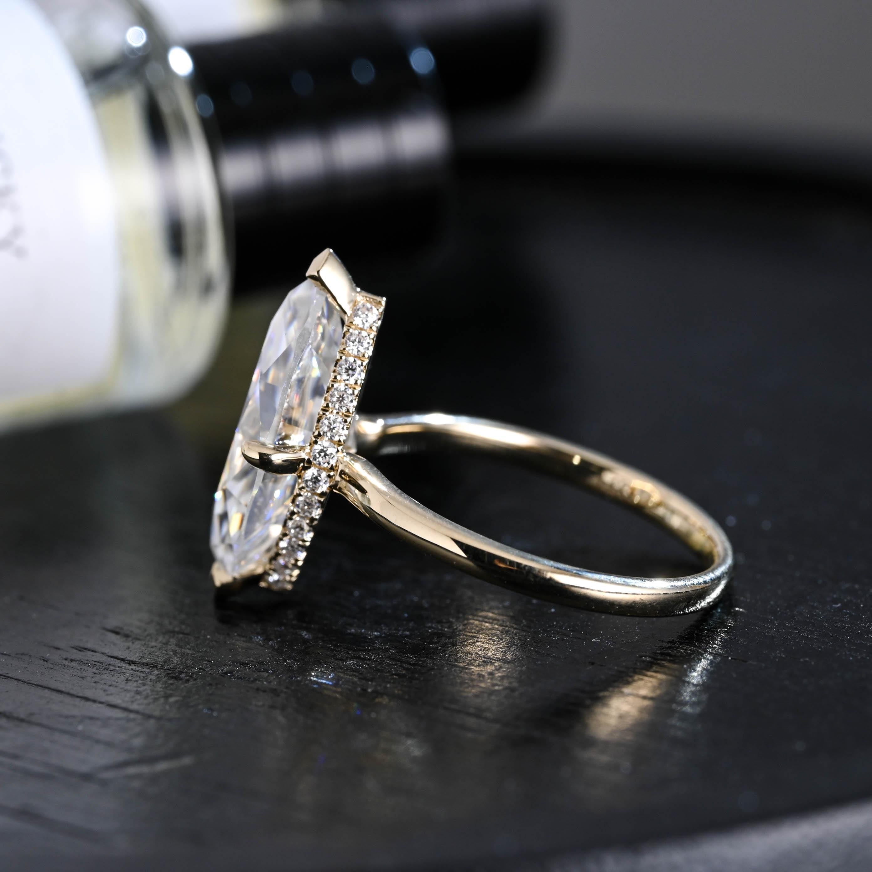 Solid Gold Marquise Cut Moissanite Engagement Ring, Hidden Halo Promise Ring