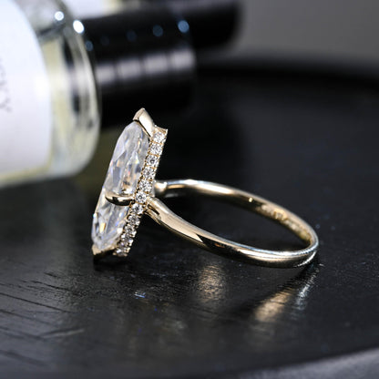 Solid Gold Marquise Cut Moissanite Engagement Ring, Hidden Halo Promise Ring