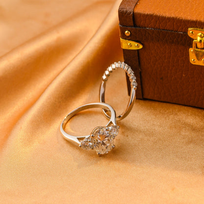 Solid Gold Three Stone Oval Cut Moissanite Engagement Ring Set, Half Eternity Ring Bridal Set