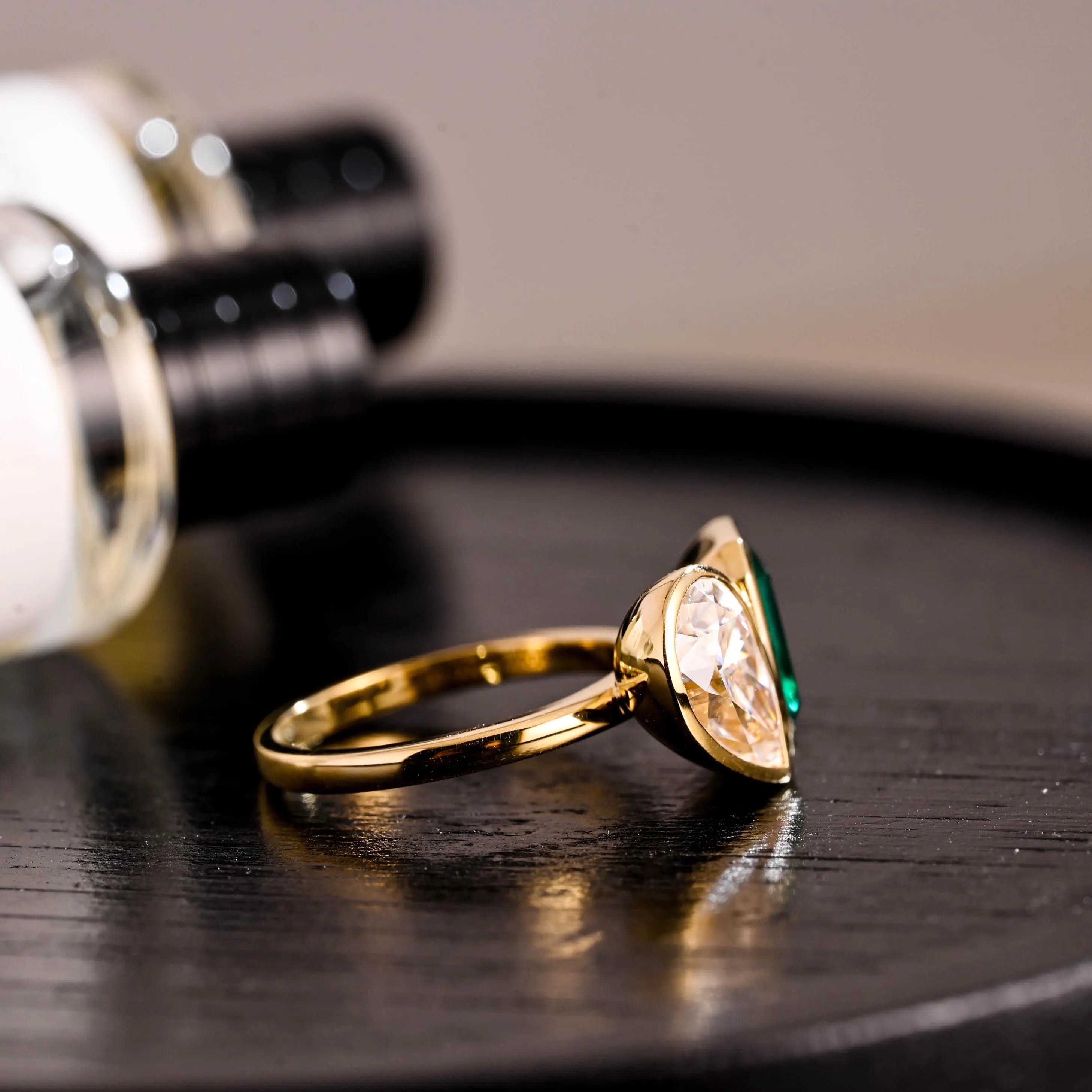 Bezel Toi et Moi Engagement Ring, Lab Grown Emerald Ring, Solid Gold Pear Cut Moissanite Wedding Ring