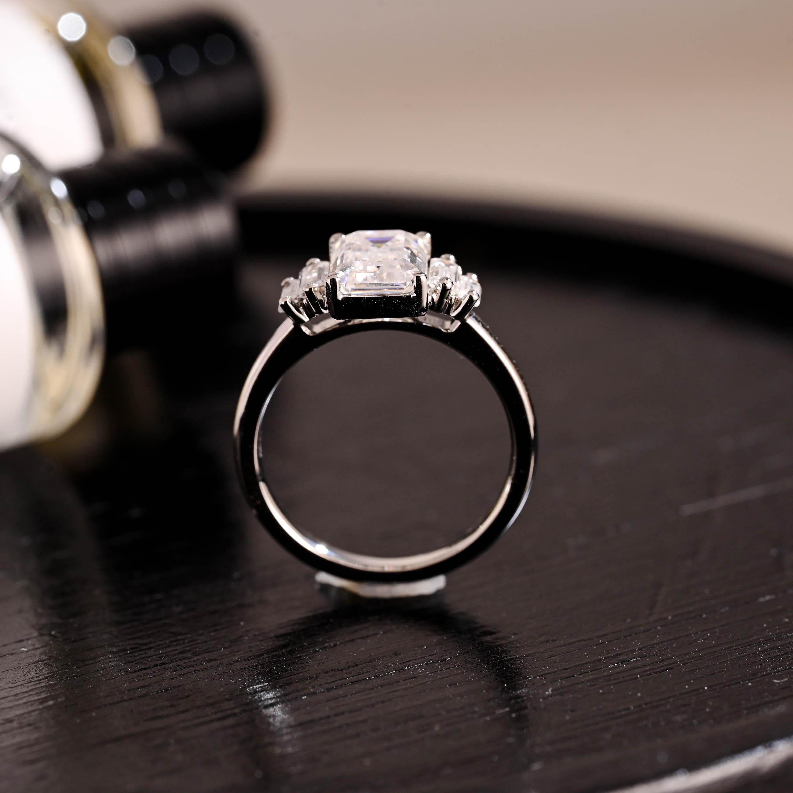 Side Stone Emerald Cut Moissanite Engagement Ring, Solid Gold Emerald Cut Moissanite Wedding Ring, Anniversary Ring, Moissanite Promise Ring