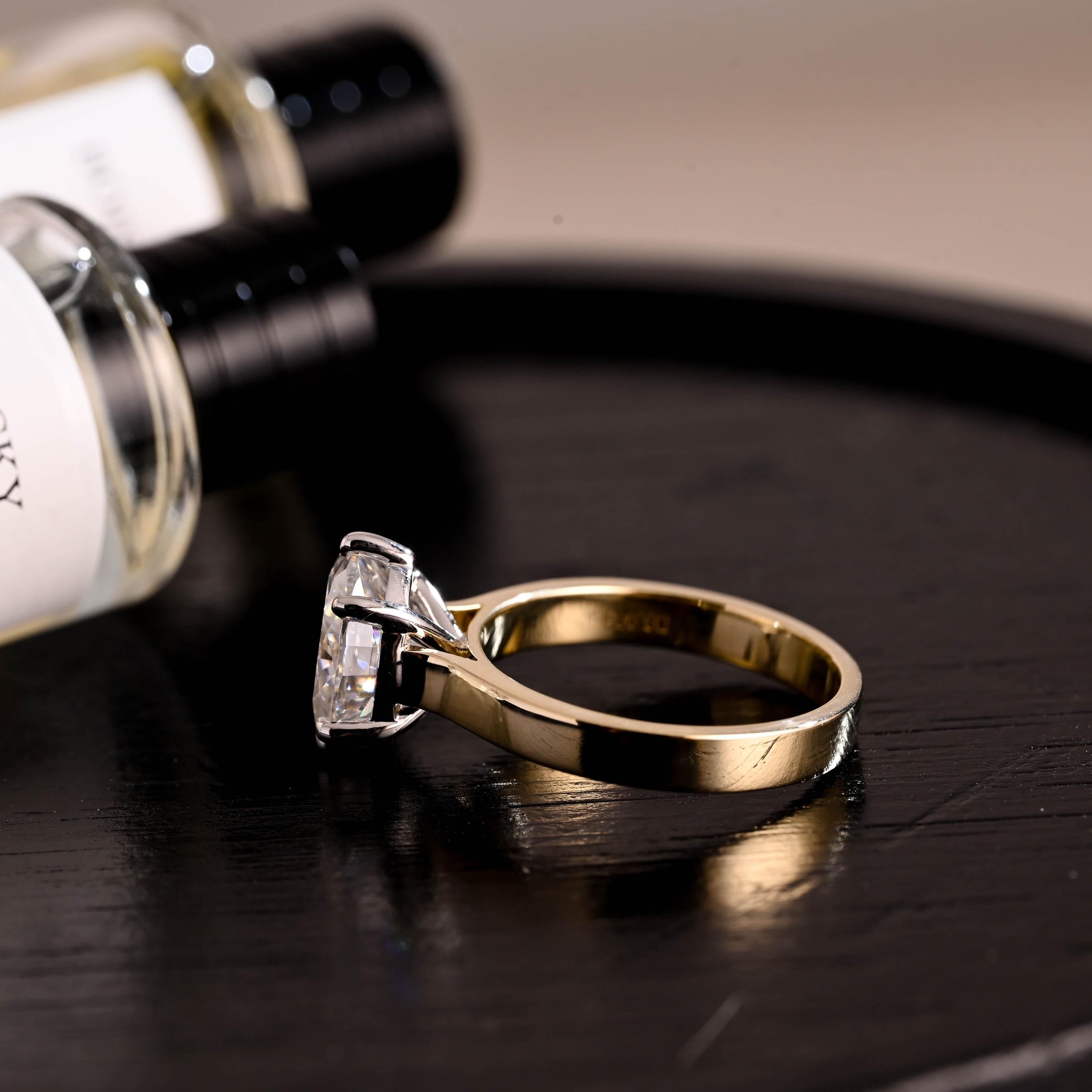 Solid Gold Two Tone Solitaire Oval Cut Moissanite Engagement Ring, 3mm Wide Cathedral Setting