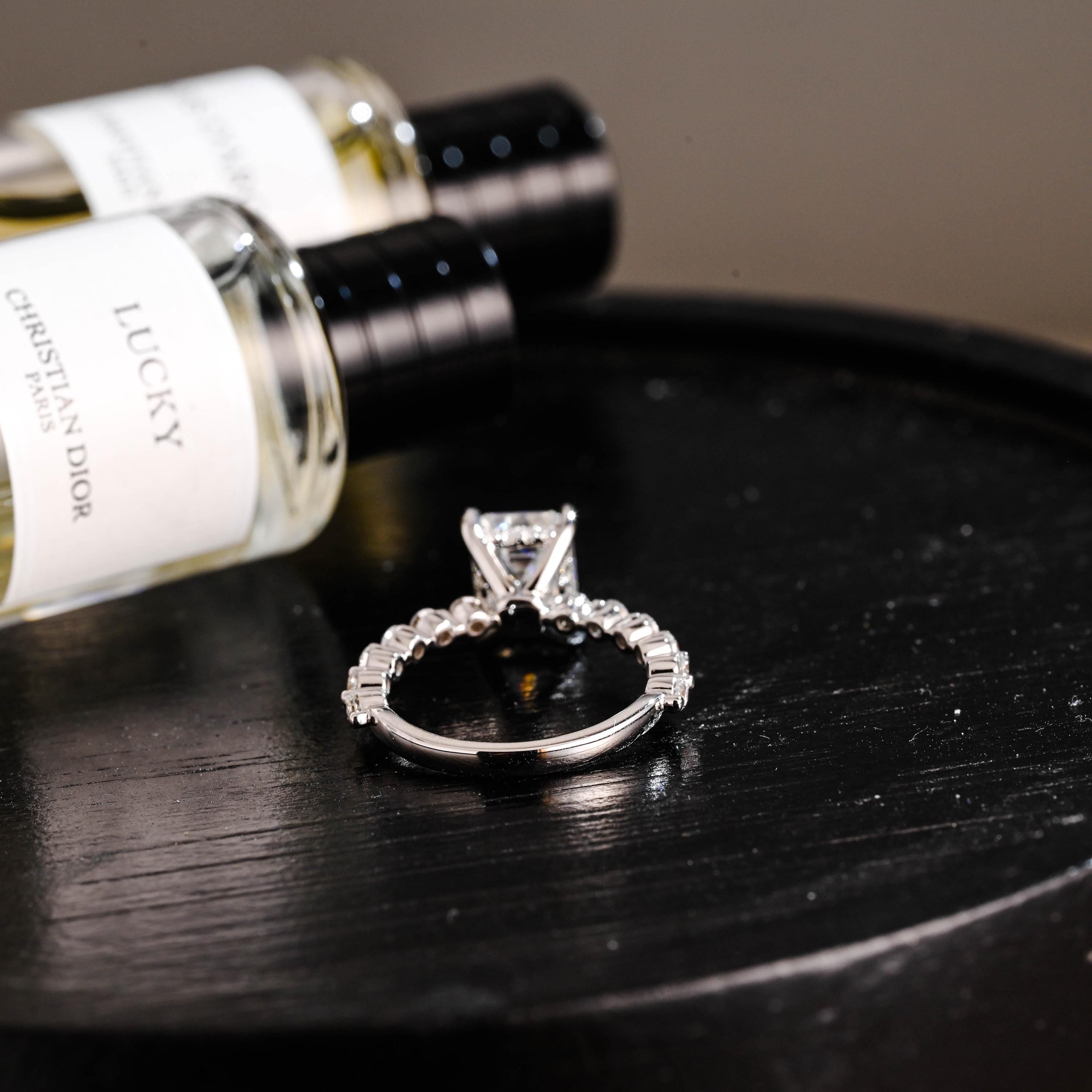 Solid Gold Half Eternity Emerald Cut Moissanite Engagement Ring, Proposal Ring, Round Promise Ring, Wedding Ring, Anniversary Gift for Women