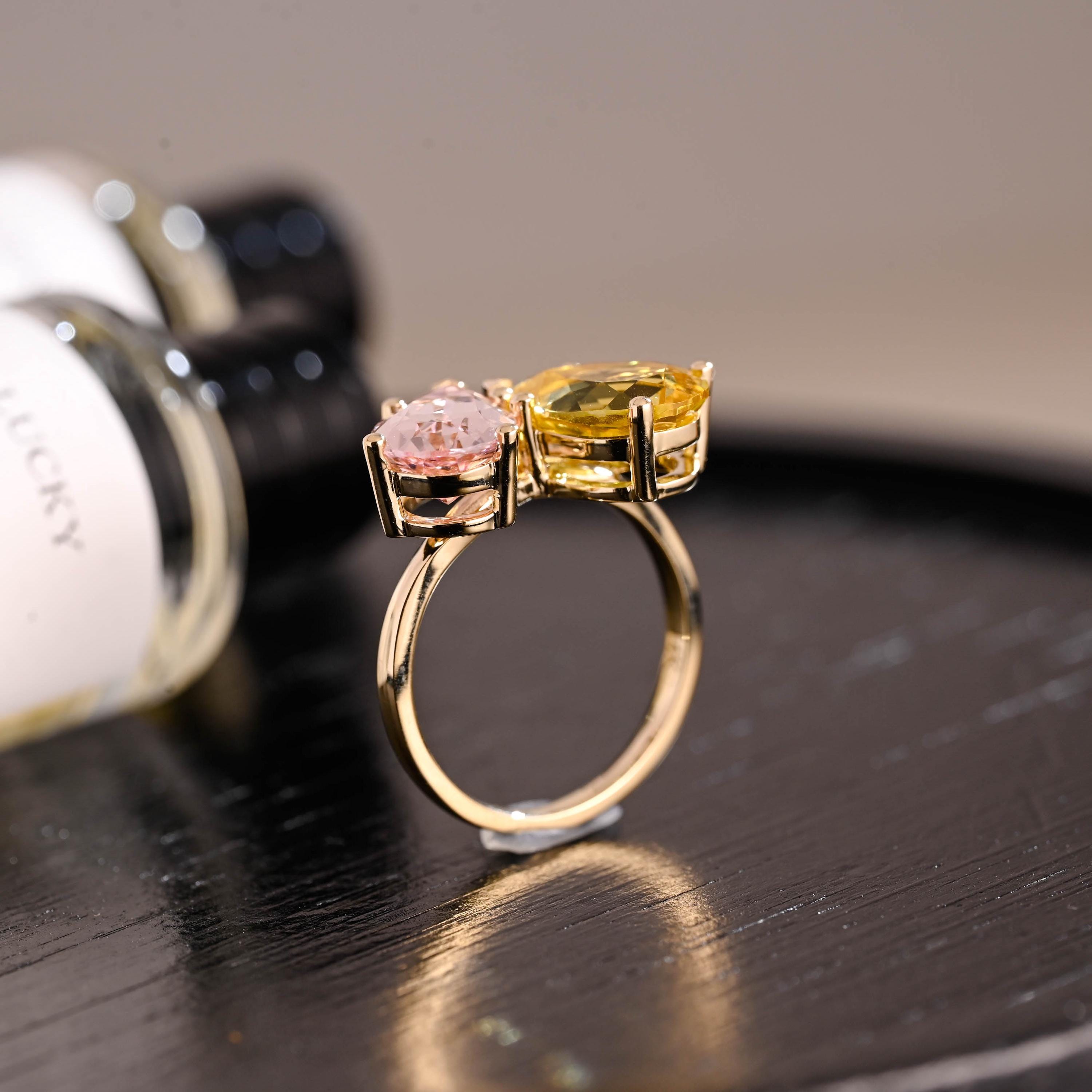 Lab Grown Yellow & Pink Sapphire Toi et Moi Wedding Ring, Solid Gold Two Stone Engagement Ring