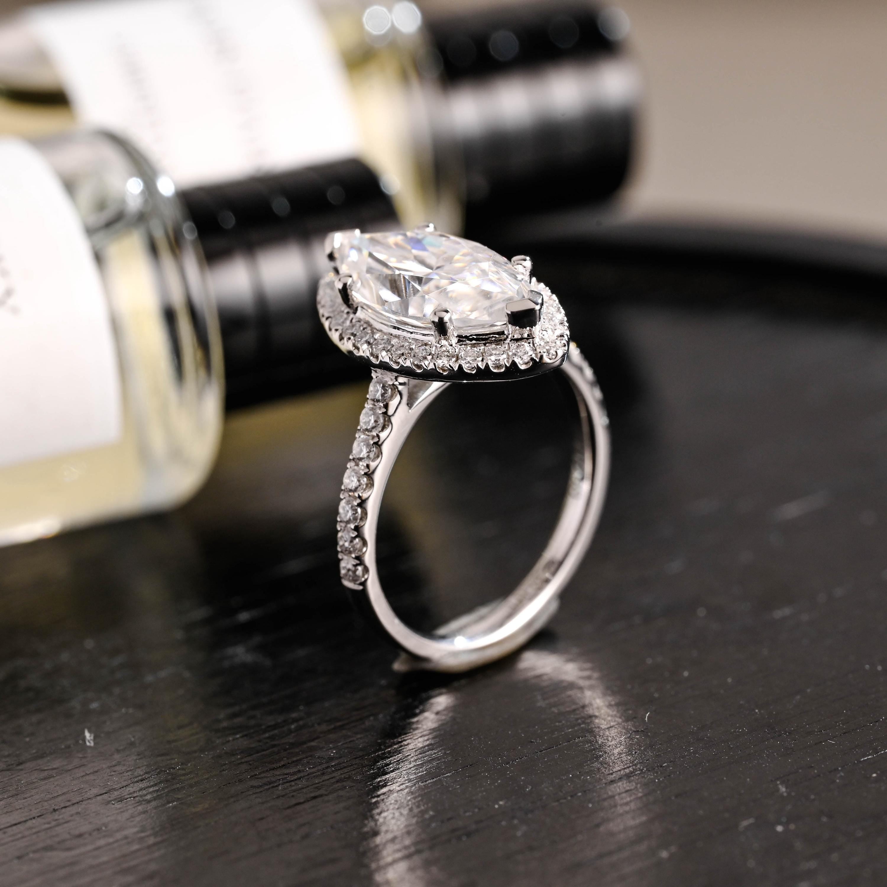 Solid Gold Halo Marquise Moissanite Engagement Ring, Round Cut Accent Stones