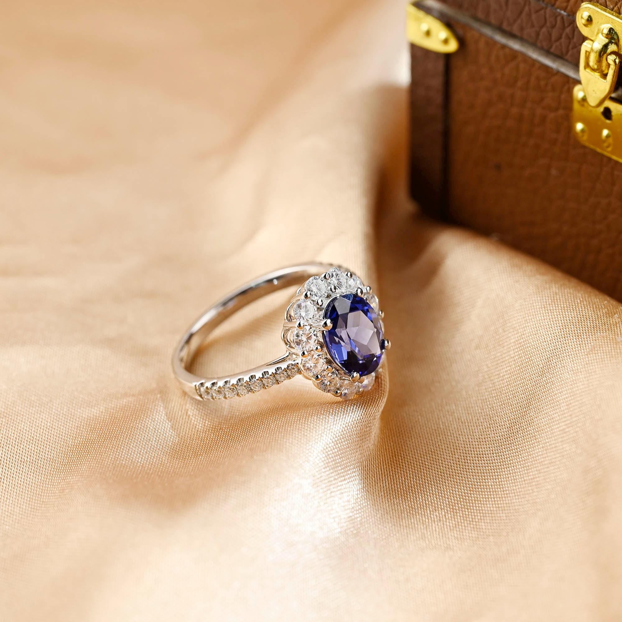 Solid Gold Oval Cut Lab Grown Sapphire Engagement Ring, Halo Wedding Ring