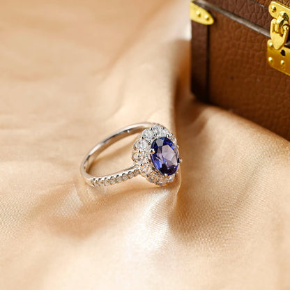 Solid Gold Oval Cut Lab Grown Sapphire Engagement Ring, Halo Wedding Ring