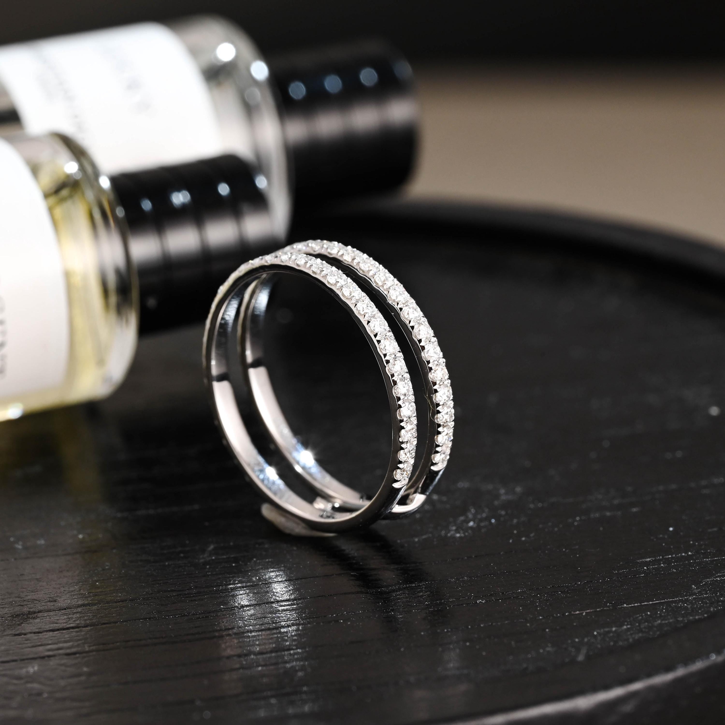 Solid Gold Moissanite Wedding Band, Double Row Enhancer Ring