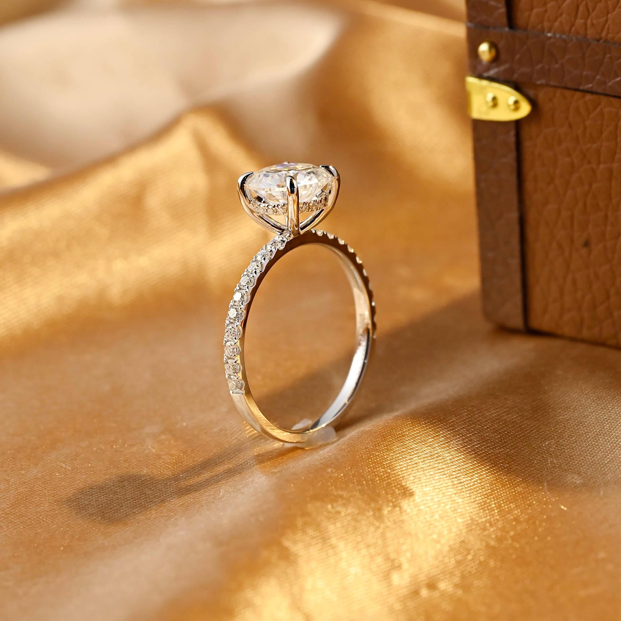 Half Pave Solid Gold Round Cut Moissanite Engagement Ring, Hidden Halo Round Cut Wedding Ring